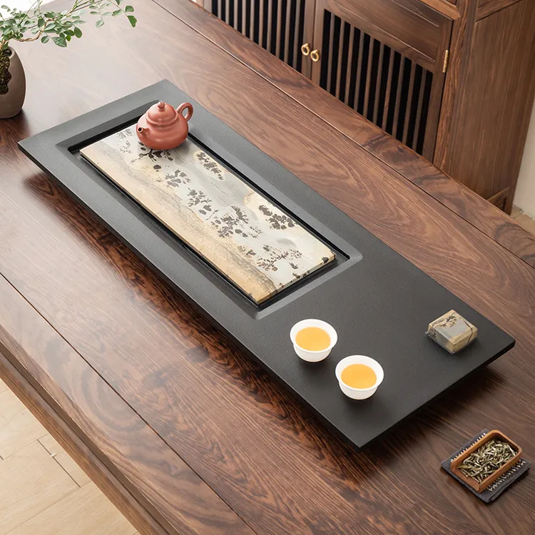 天然乌金石镶嵌国画石家用高端轻奢茶桌排水式长方形干湿分离茶盘