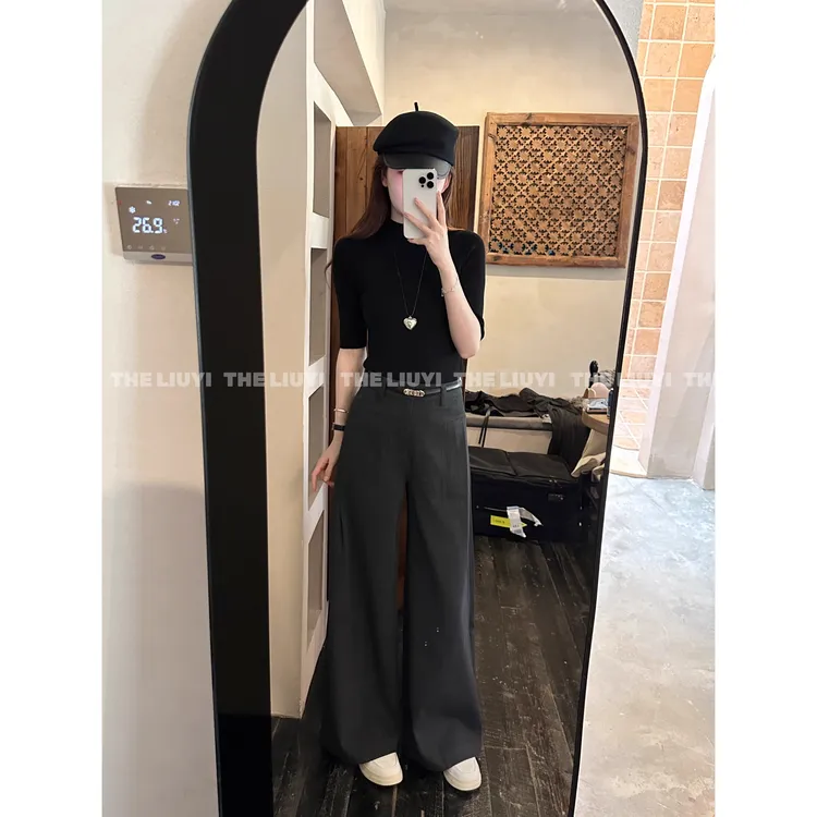 秋季新款西装裤女窄版高腰复古宽松显瘦百搭垂感阔腿拖地休闲裤子