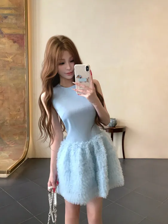 无袖拼接蛋糕裙/气质圆领网纱蓬蓬裙a字裙短裙女夏