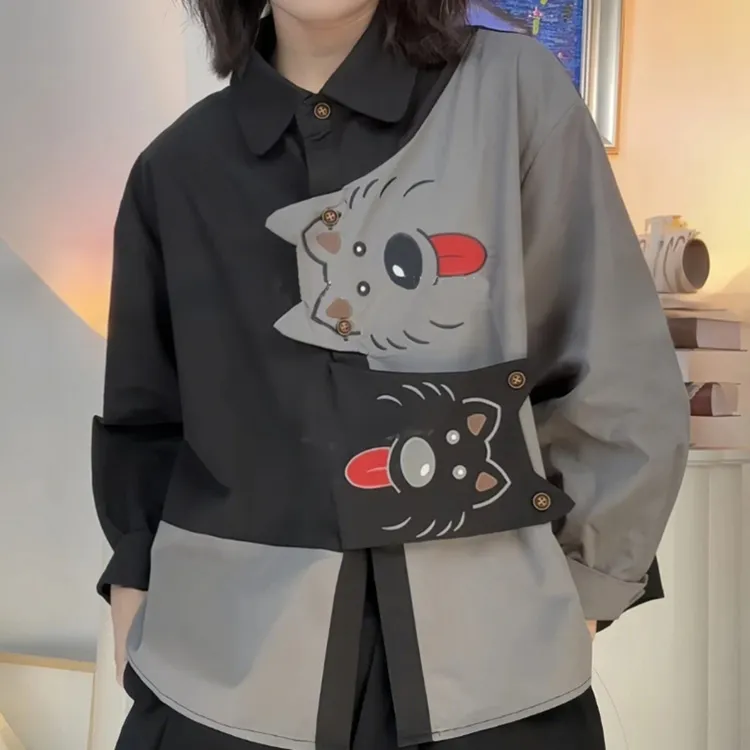 日系高级感小狗刺绣长袖拼接衬衫女装春季港风拼接撞色小个子上衣