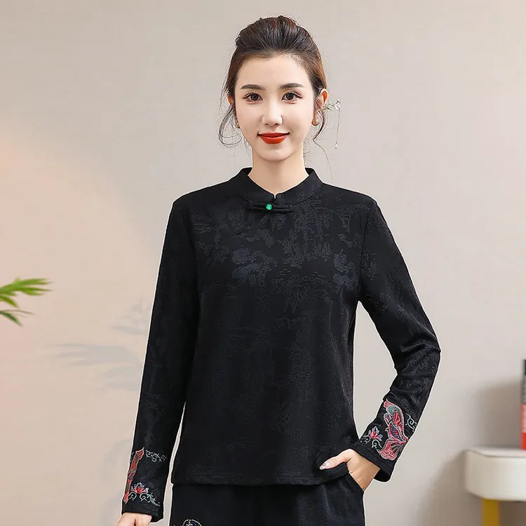 妈妈装新中式秋冬新款刺绣打底衫女复古时尚宽松休闲百搭长袖上衣