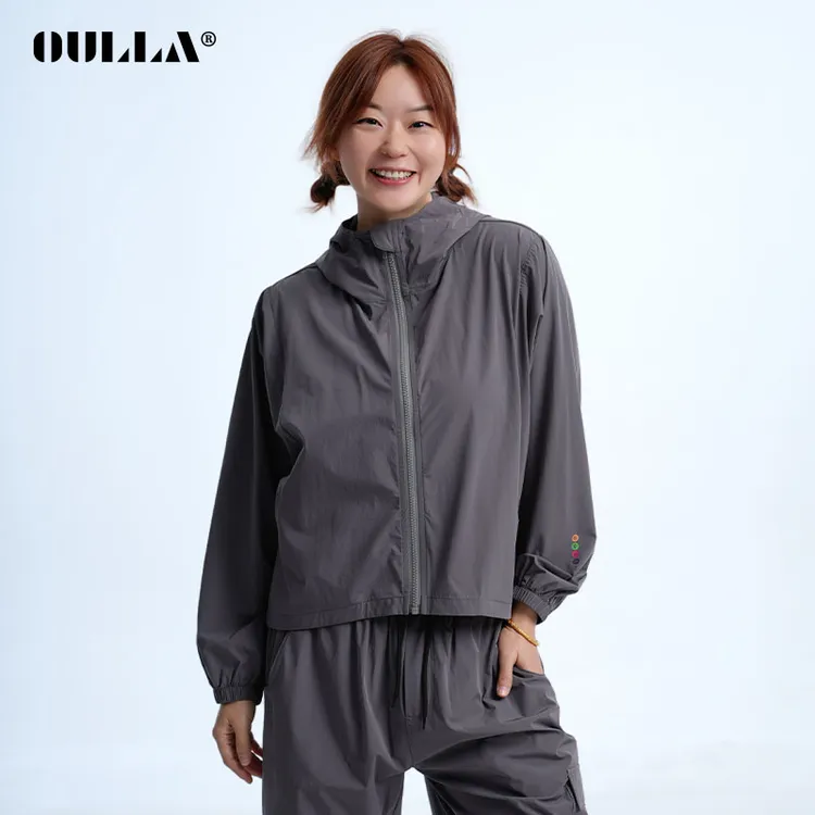 OULLA【娜只猪】拉链速干长袖女外套连帽运动防晒衣透气EM3519