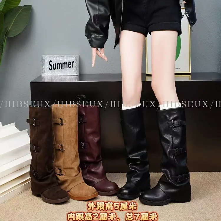 Hibseux/槿奢跟高7cm蔡蔡同款辣妹裤管靴三排扣假日游牧风881093