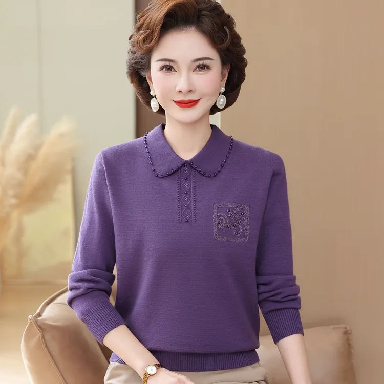 妈妈装秋冬针织衫长袖洋气上衣中老年人女母亲衣服气质翻领打底衫