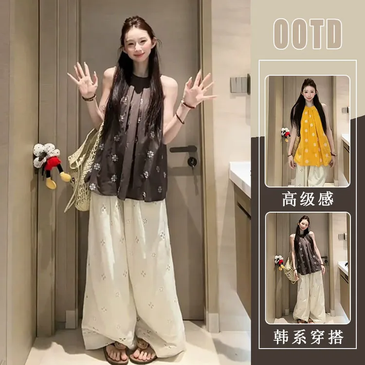 度假风休闲甜美套装女2025夏季新款挂脖无袖上衣阔腿裤两件套女装