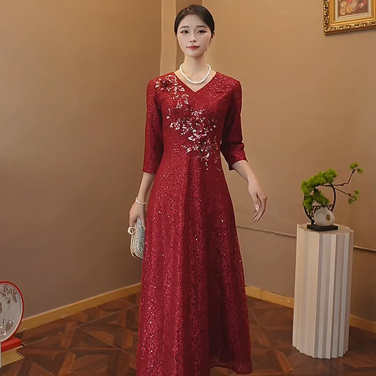高档气质喜婆婆婚宴装酒红色喜庆婚宴儿子结婚喜妈妈敬酒礼服长款