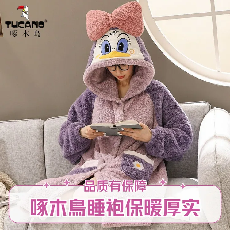 啄木鸟唐老鸭睡袍珊瑚绒睡衣女秋冬季加绒加厚长款睡袍睡裙家居服