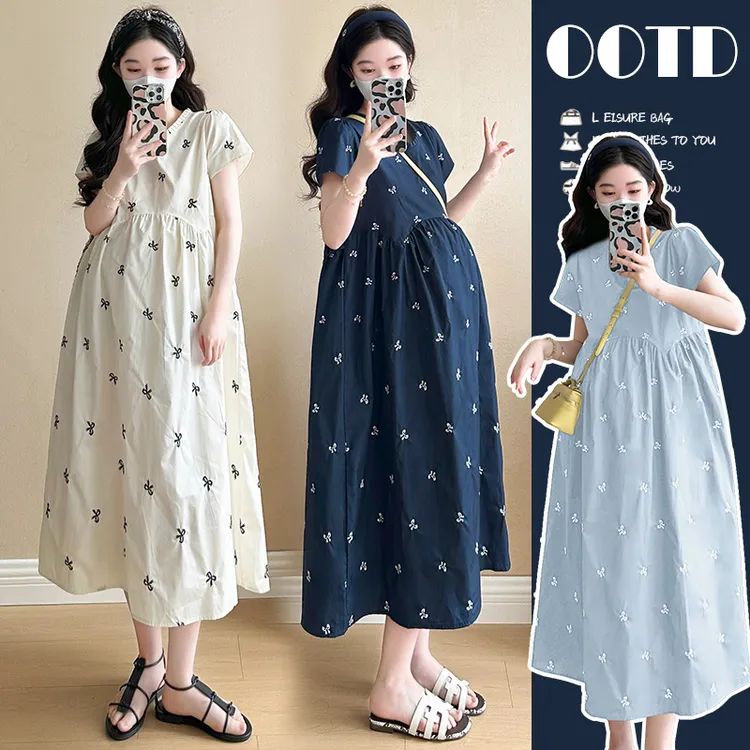 孕妇装2025夏季新款法式V领减龄刺绣蝴蝶结孕妇连衣裙时尚休闲
