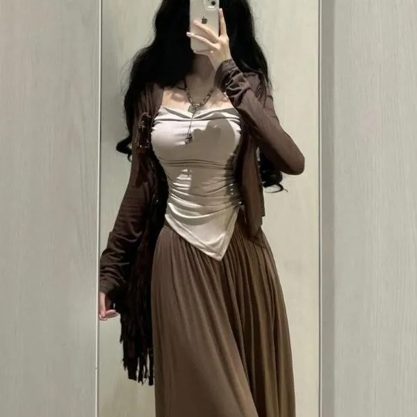 三件套女2025夏季新款欲风辣妹长袖开衫外套吊带背心阔腿裤
