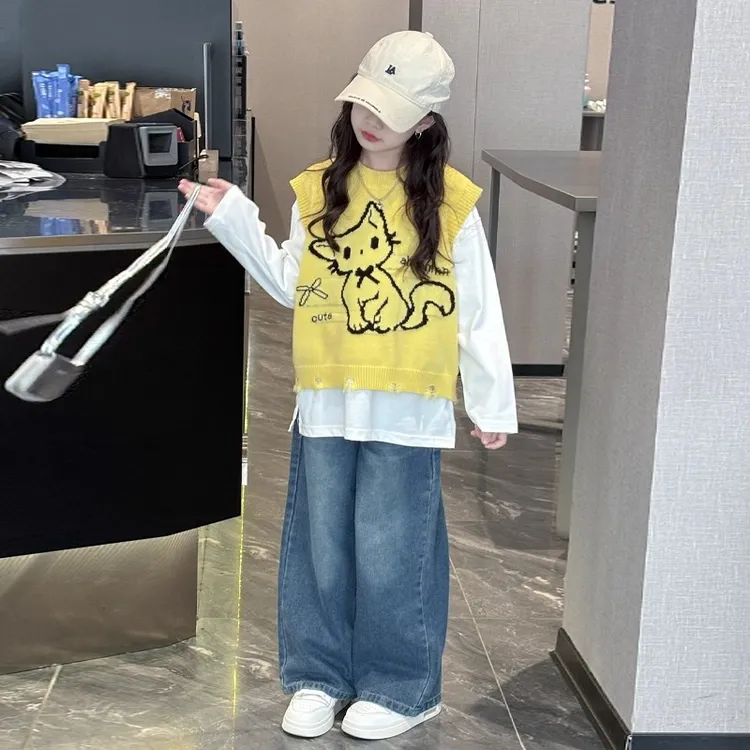 女童套装春秋2025新款女大童韩系穿搭衬衫马甲儿童洋气秋装三件套