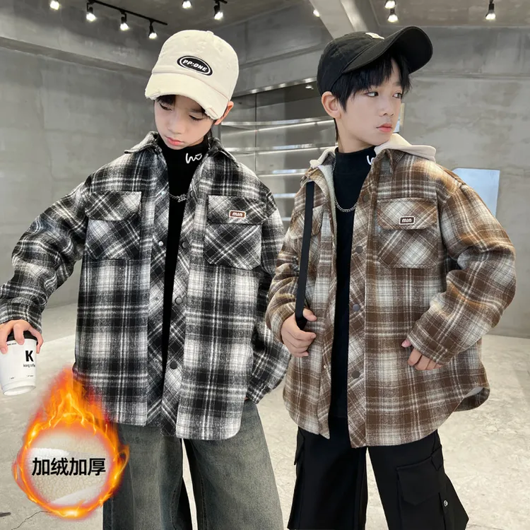 男童格子加绒加厚外套秋冬季中大童休闲帅气韩版儿童上衣男孩潮流
