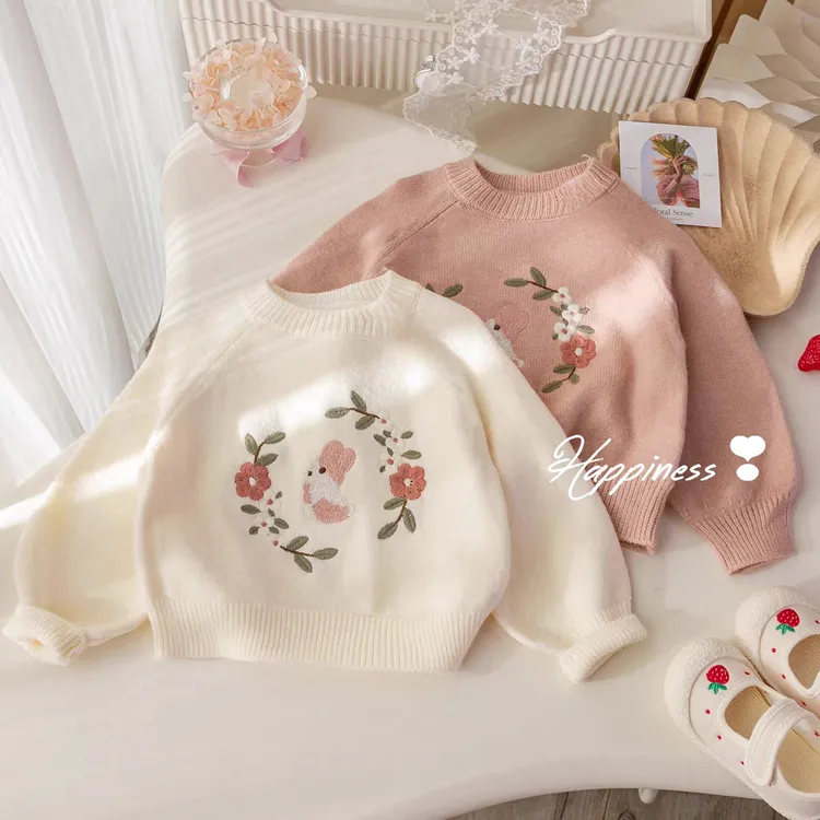 【棉A类软糯不起球】女童刺绣毛衣秋冬款套头针织衫女宝宝秋装上衣