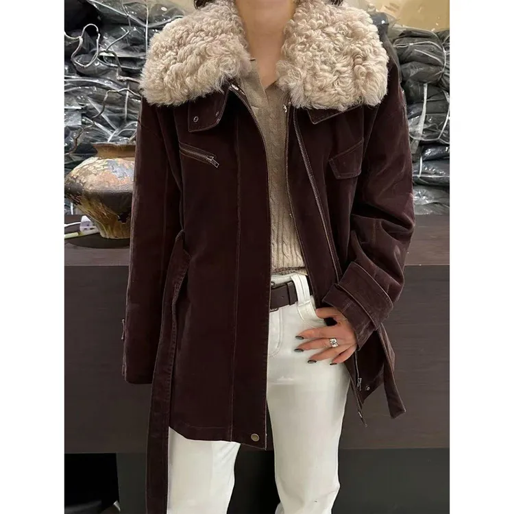 复古大翻领毛毛短外套女冬季新款时髦百搭宽松加厚保暖中长款大衣