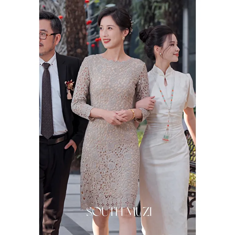 花愚春季蕾丝新款长袖原创设计钩花刺绣礼服遮肉显瘦连衣裙9280