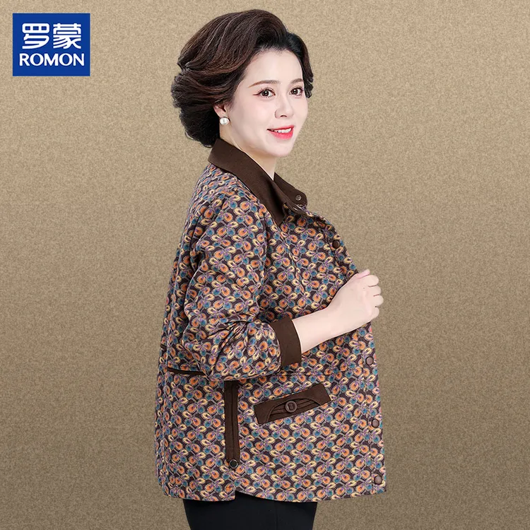 罗蒙妈妈装秋季宽松外套新款中年高档上衣中老年女士休闲翻领夹克
