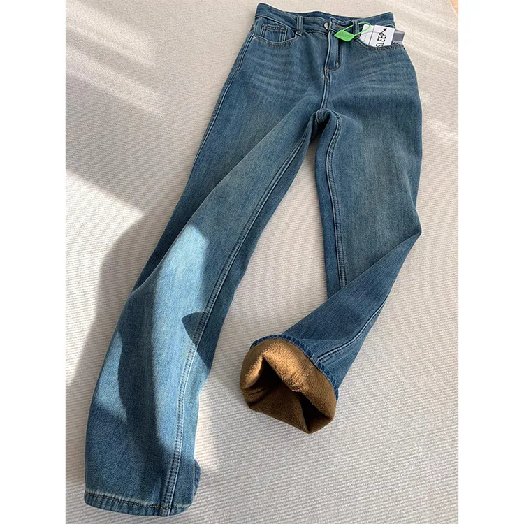 复古蓝窄版直筒牛仔裤女加绒加厚显瘦阔腿裤子秋冬新款小个子长裤