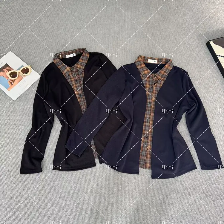 秋冬季针织假两件格子衬衫上衣长袖显瘦卫衣（衣长72左右）