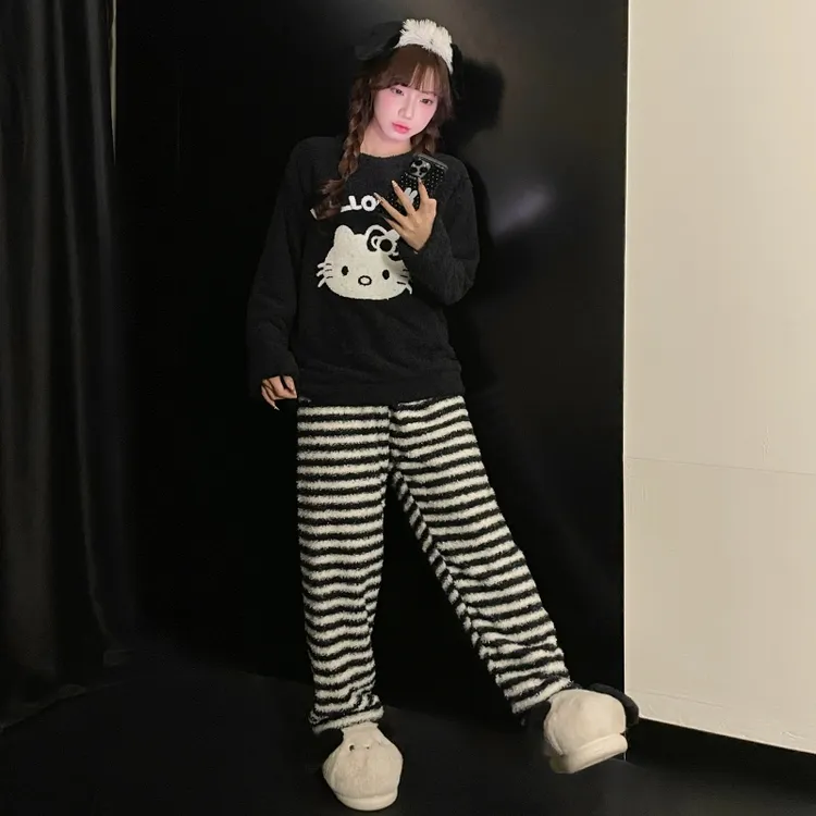 【闪闪KT】可爱小猫睡衣女秋冬季新款加绒半边绒保暖家居服两件套