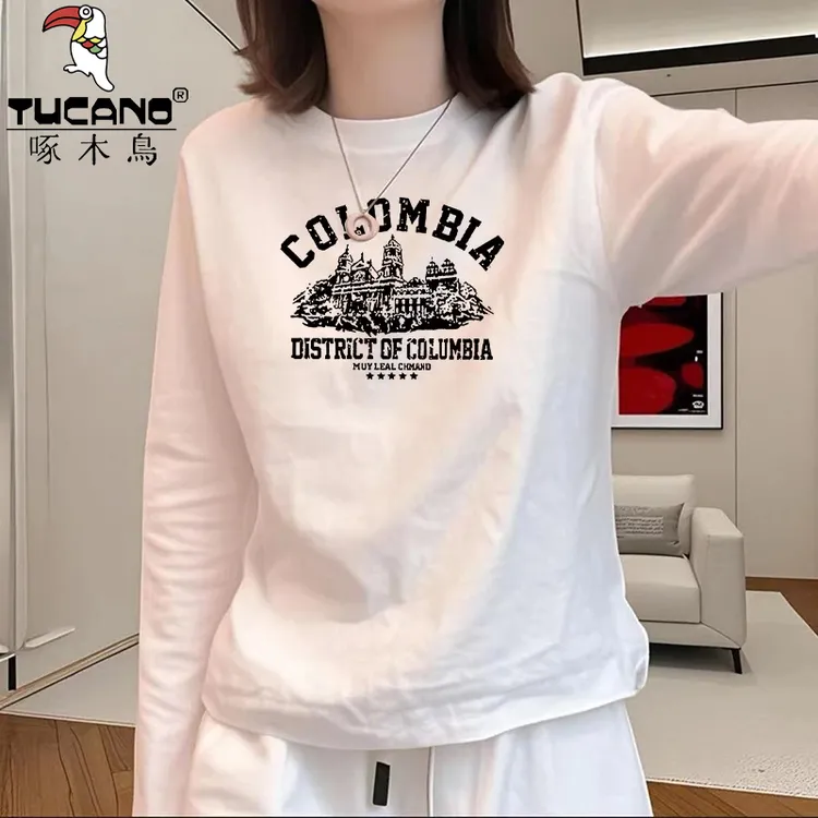 啄木鸟纯棉高级感别致休闲打底衫新款秋宽松圆领长袖T恤女装上衣