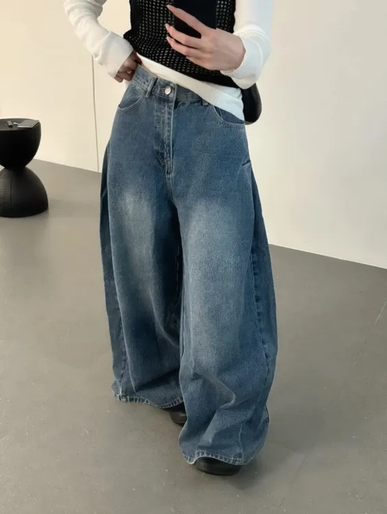 露露定制 韩代秋款 私服博主同款复古做旧松弛感牛仔阔腿裤