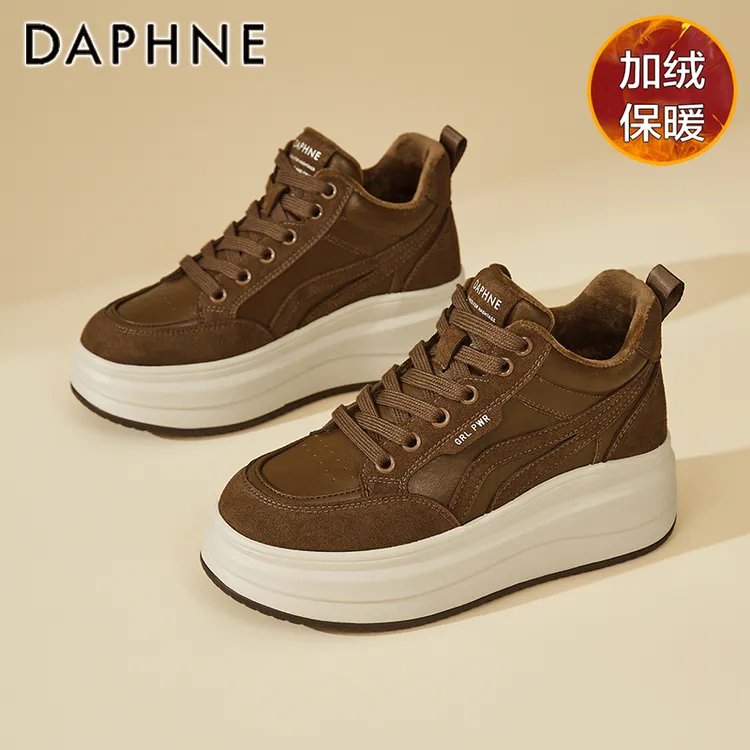 达芙妮+5.5CM厚底松糕鞋女2025冬季新款复古加绒棉鞋百搭休闲板鞋