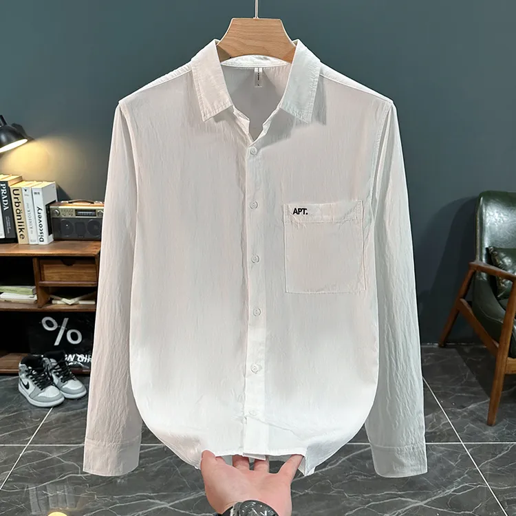 轻奢日系纯色刺绣长袖衬衫男士秋季时尚百搭帅气文艺休闲宽松衬衣