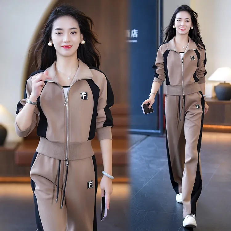 高含棉2026年春秋新款套装女拼接收腰短外套直筒显瘦阔腿裤两件套