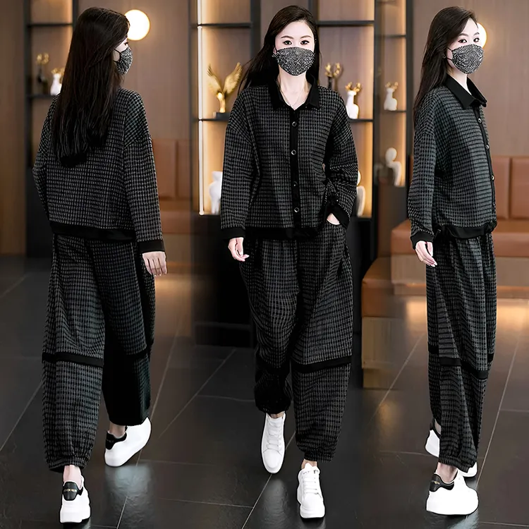 时尚大码女套装2025秋季新款宽松休闲时尚洋气显瘦气质格子两件套