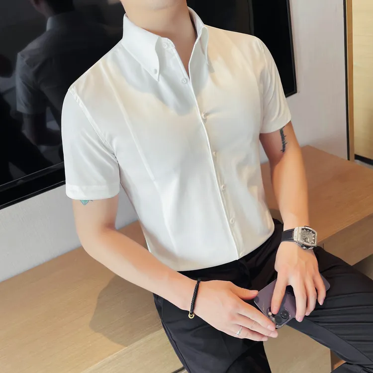 男士短袖衬衫潮流痞帅夏季薄款商务休闲时尚高级感男装修身白衬衣