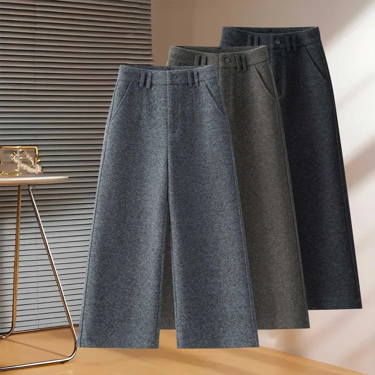 羊毛呢阔腿裤女秋冬2025新款高腰宽松显瘦小个子九分休闲直筒靴裤
