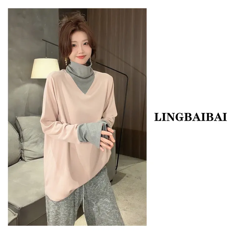 【拼色堆堆领】V领设计慵懒风秋冬磨毛高领宽松长袖内搭打底T恤女