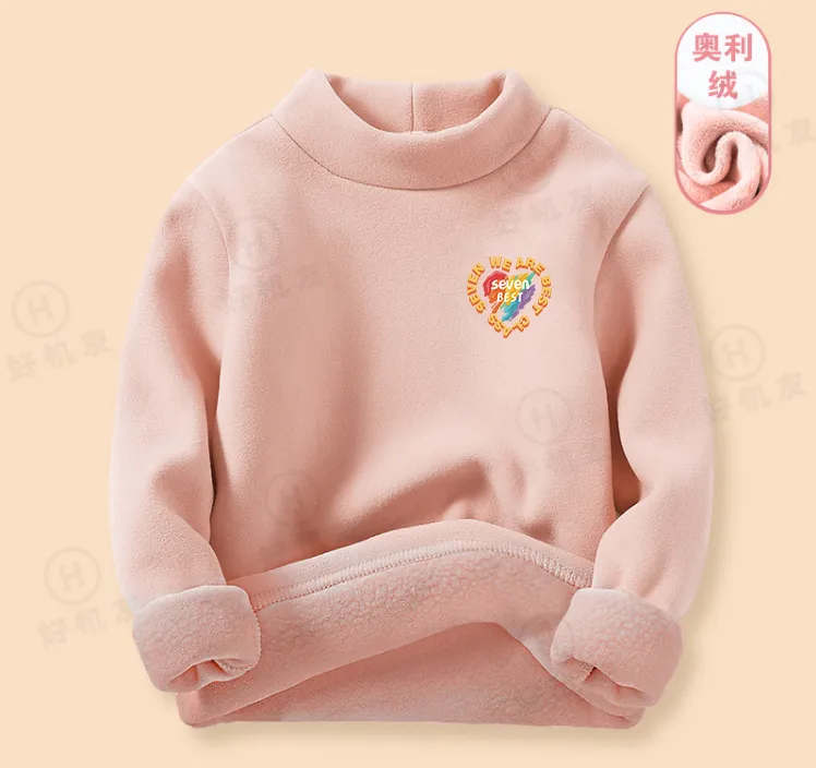 秋冬儿童德绒奥利绒底保暖套头打底衫加绒上衣半高领可爱男女童