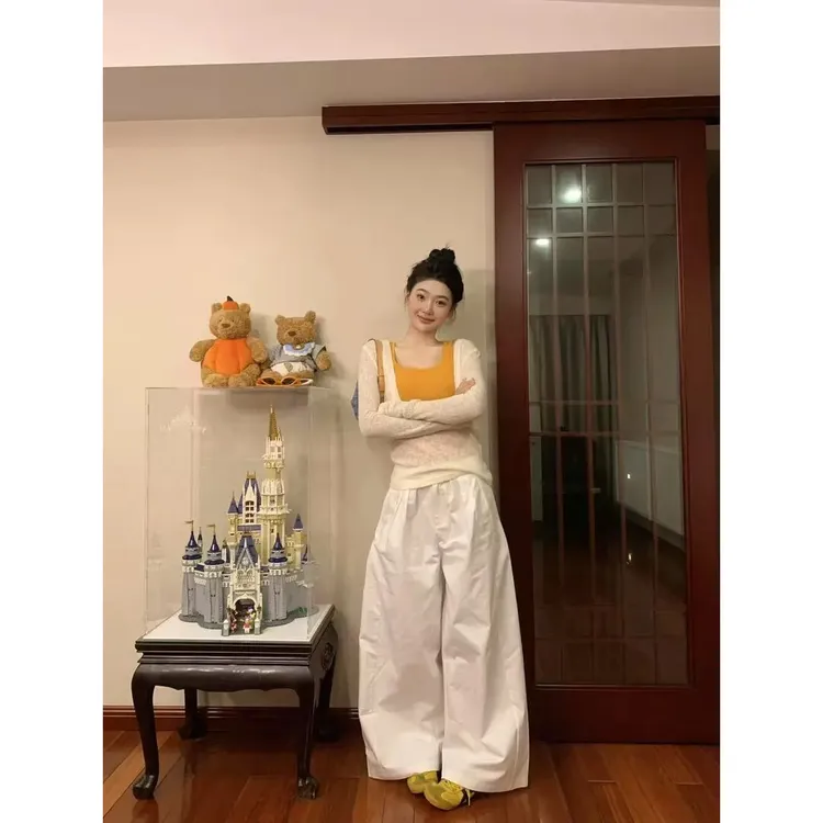 2025夏季新款韩系肌理感V领正肩透气长袖T恤罩衫橘色背心阔腿裤女