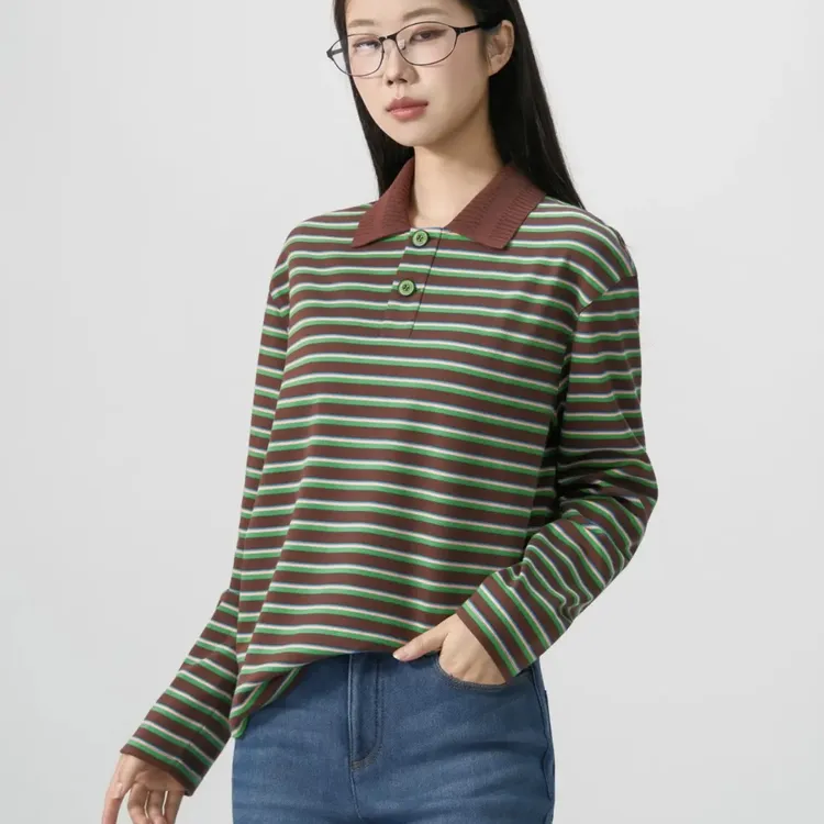 GIRDEAR /哥弟休闲翻领简约百搭显瘦条纹T恤女1301050