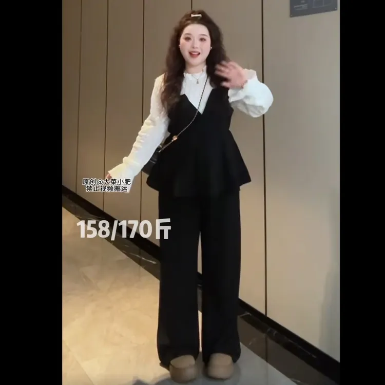 早秋新款微胖女装气质减龄假两件上衣搭配裤子时尚套装