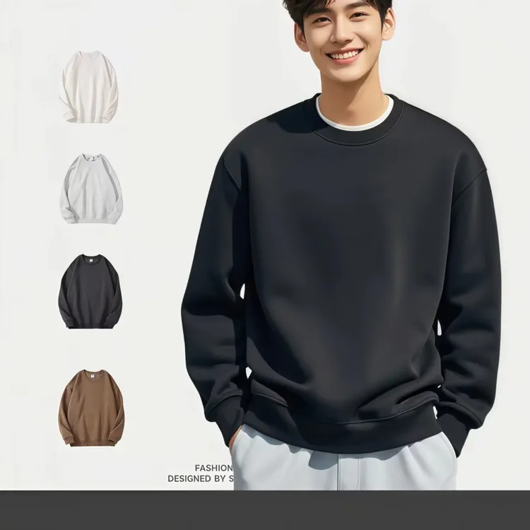 美式重磅秋冬圆领秋季落肩长袖卫衣男装男款休闲潮流宽松纯色上衣