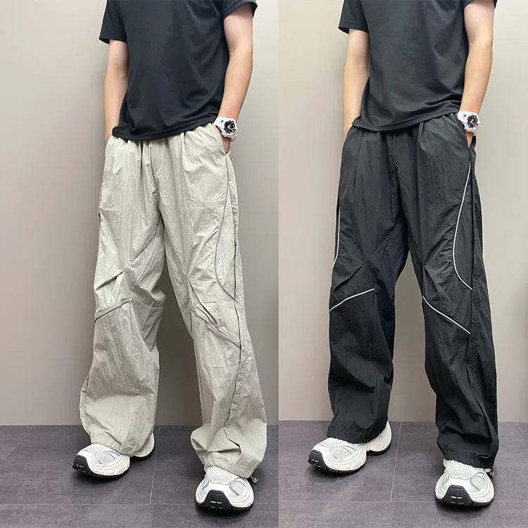 2025夏季薄款美式大口袋工装休闲裤垂感阔腿裤痞帅大码直筒弯刀裤