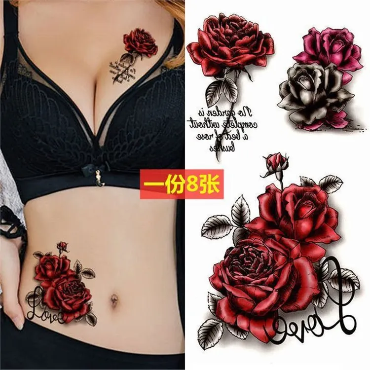 3D玫瑰花防水纹身贴 女 持久仿真性感胸部腰部遮疤痕网红贴纸贴画