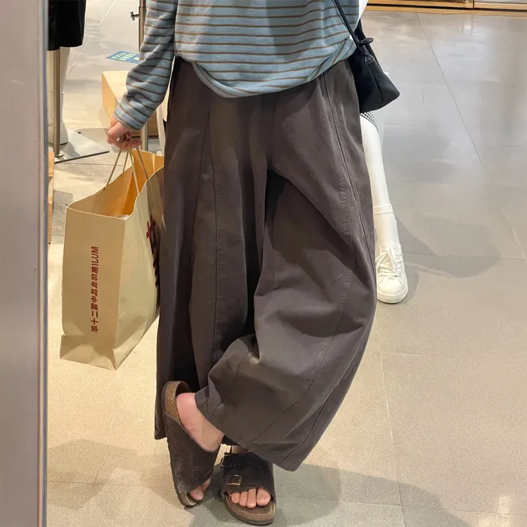 复古深灰色阔腿弯刀裤女秋季新款胖妹妹mm高腰宽松显瘦九分气球裤