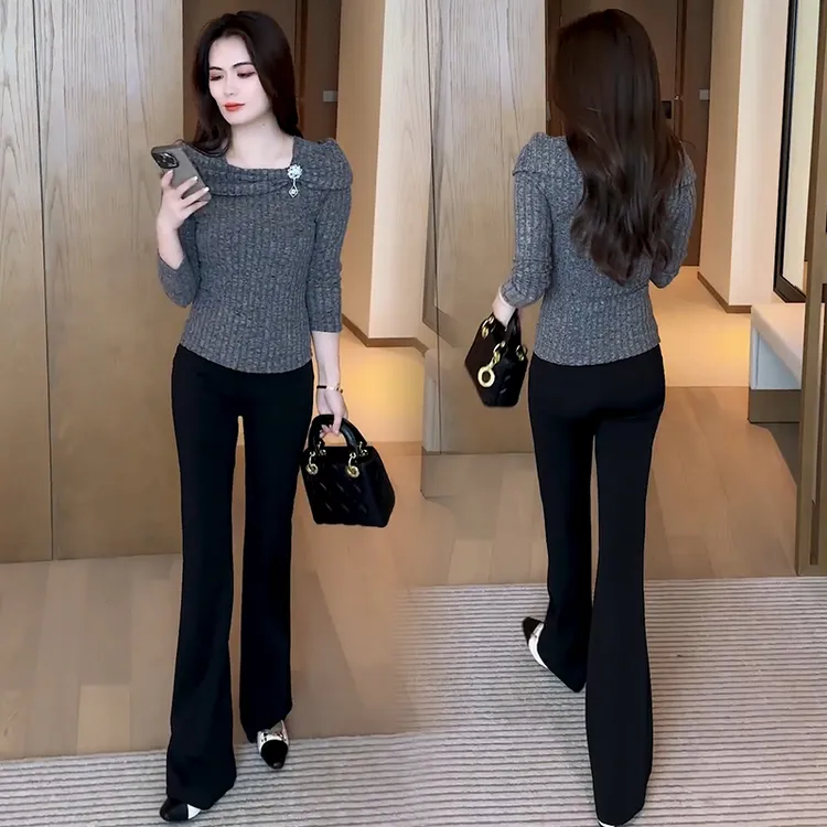 早秋新款时尚套装女秋季设计感小众T恤上衣微喇裤修身显瘦两件套