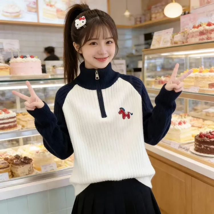 大童装女孩毛衣半拉链秋冬季韩版新款初中生青少年保暖线衣针织衫