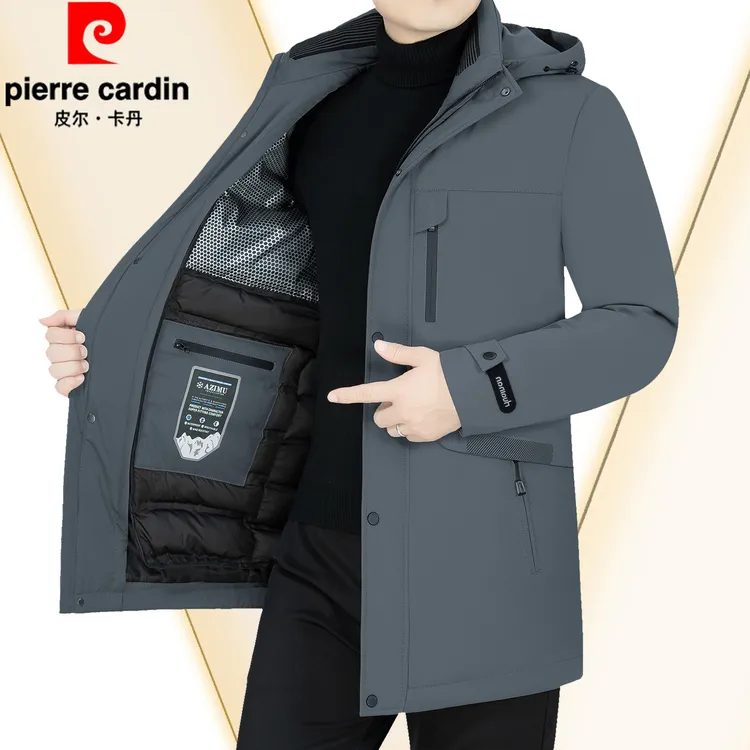 皮尔卡丹秋冬可脱卸内胆中年男士鹅绒羽绒服外套爸爸中长款派克服