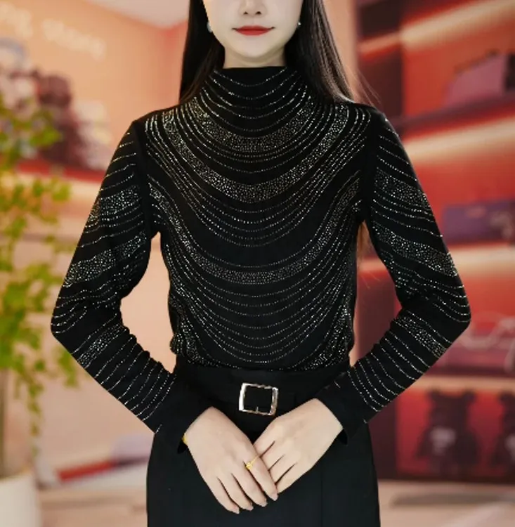冬季新款烫钻显瘦洋气时尚百搭长袖女士上衣保暖修身遮肉打底衫潮