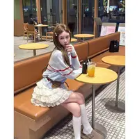 【YKL】淡颜天菜 浅蓝半拉链翻领针织上衣米色木耳边层层蛋糕裙