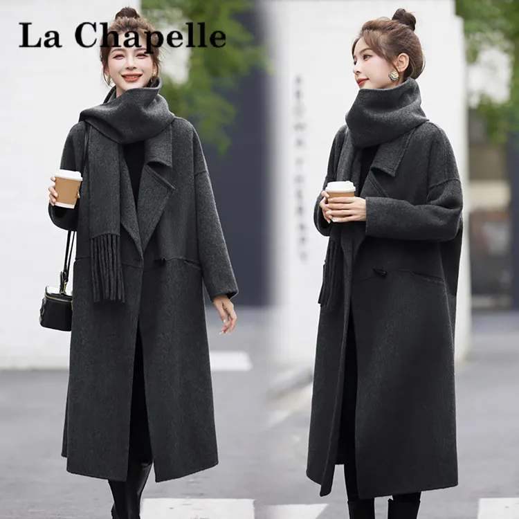 拉夏贝尔绵羊毛外套双面毛呢大衣秋冬送围巾长款加绒韩版落肩袖