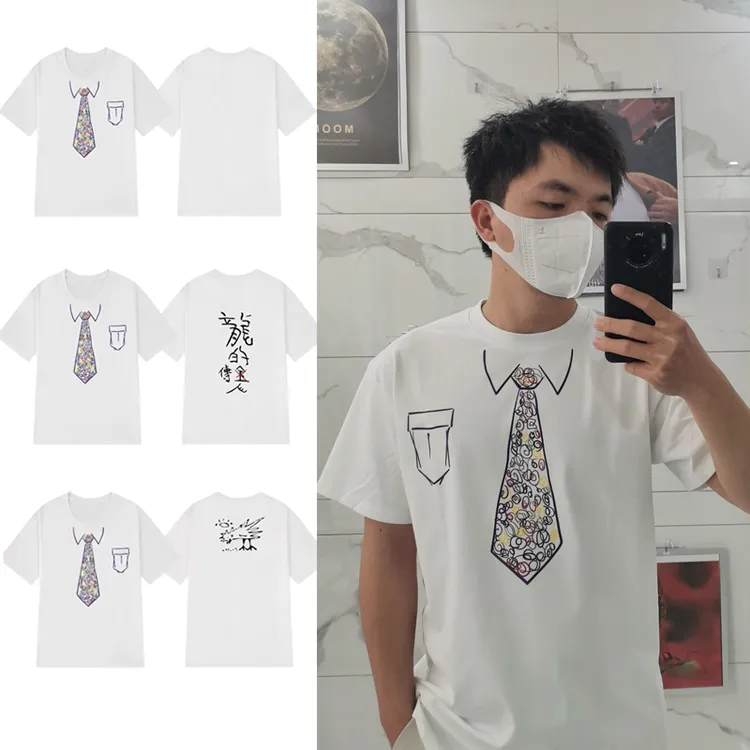 周星驰星爷同款T恤100%纯棉重磅短袖电影情怀假领带男女龙的传人