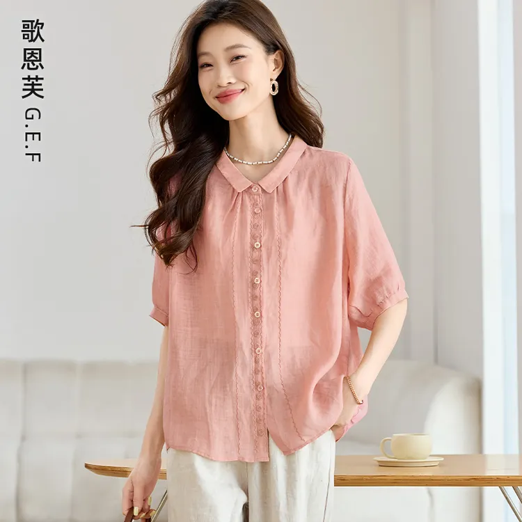 苎麻衬衫女夏季薄2025新款中年妈妈棉麻上衣宽松休闲洋气漂亮小衫