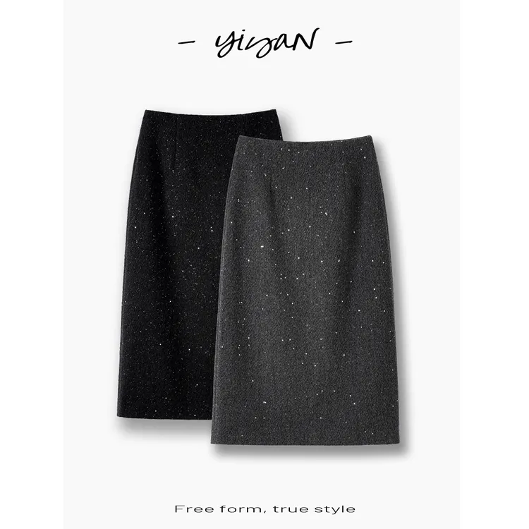 新款秋冬亮片毛呢裙中长款+短款A版显瘦星空闪片半身裙气质设计感