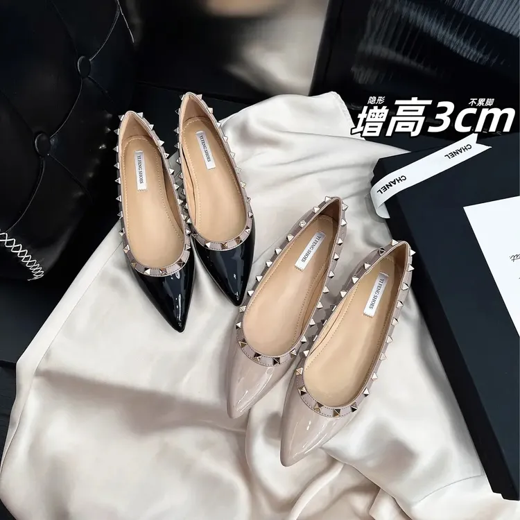 羊皮版～3cm增高铆钉浅口单鞋女纯欲性感百搭气质低跟软底通勤鞋