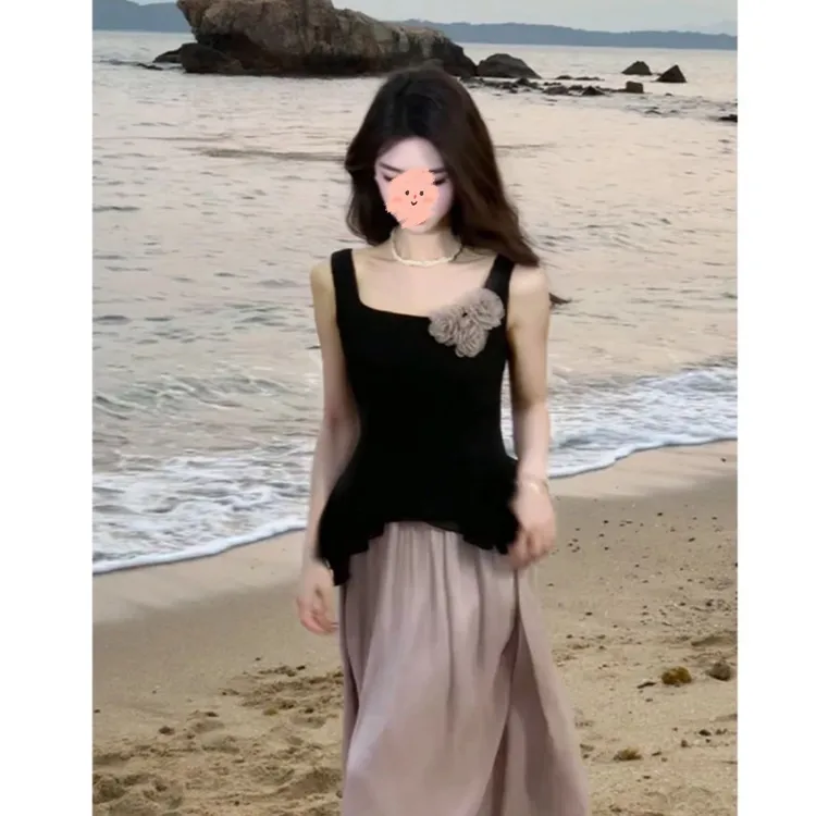 良辰美景小众不规则上衣立体花朵气质a字长裙